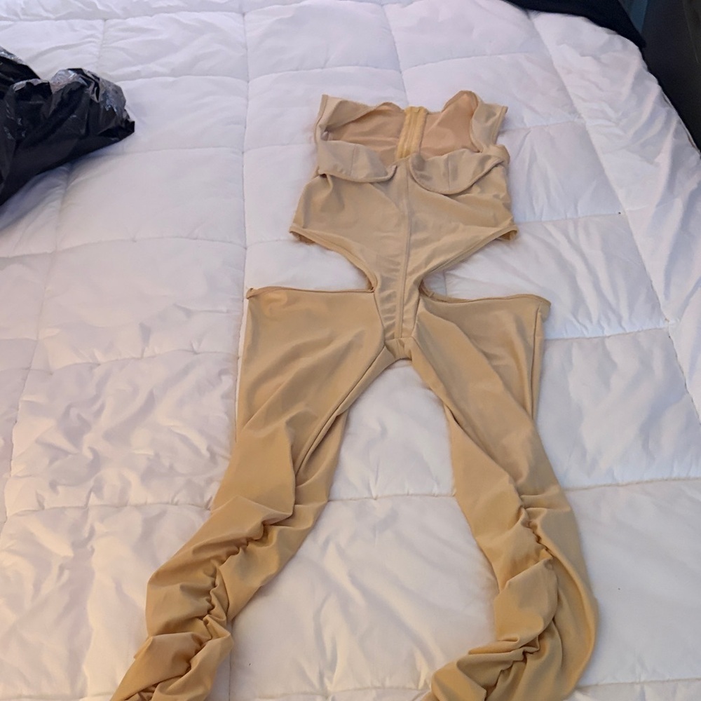 Waist-Cutout Ruched Satin Jumpsuit in Nude